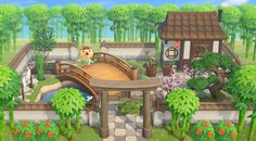 an animal crossing a bridge in the middle of a garden with trees and flowers around it