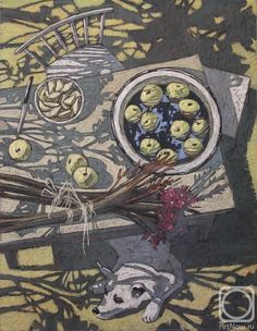 a painting of apples in a bowl on top of a table with a dog next to it