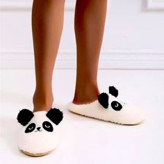 Cartoon Panda Design Fluffy Slippers Light Pink Pillows, Fluffy Bedroom, Panda Slippers, Flower Slippers, Travel Slippers, Grey Slippers, Panda Design, Womens Sherpa, Fluffy Slippers