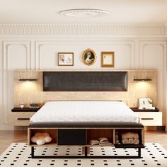 a large bed sitting on top of a black and white rug