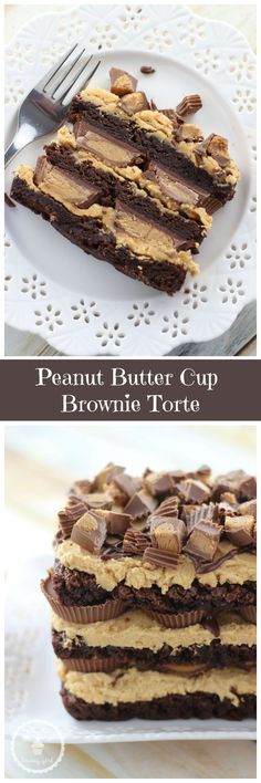 chocolate peanut butter cup brownie tortoa cake on a white plate