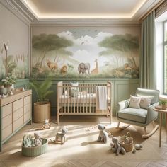 a baby's room decorated in green and white with an elephant mural on the wall