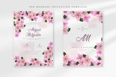 two wedding cards with pink flowers on them