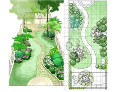 an image of a garden plan with trees and bushes in it, including a path