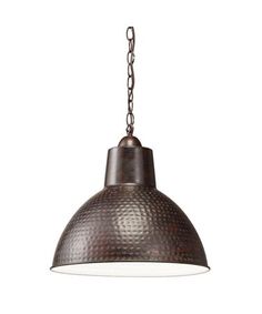 an industrial style pendant light with chain hanging from it's center and back end