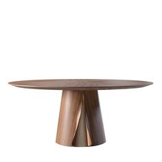 an oval wooden table with metal base and wood grained top, on a white background