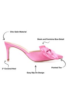 A floppy bow charms the pointed toe of a sophisticated mule set on a sensible mule. 3" heel Textile upper/synthetic lining and sole Imported Formal Slip-on Heels With Bow, Pointed Toe Heels With Bow Straps For Events, Spring Event Heels With Satin Bow, Spring High Heel Mules With Bow, Pink Pointed Toe Heels With Bow Straps, Elegant Pink Heels With Bow Straps, Pointed Toe Kitten Heels With Bow For Party, Chic Slip-on Kitten Heels For Party, Chic High Heel Mules With Bow