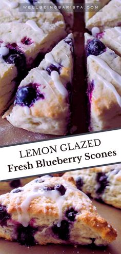 lemon glazed fresh blueberry scones on a cutting board with text overlay that reads, lemon glazed fresh blueberry scones