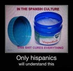 a blue plastic container sitting next to a sign that says, only hispanics will understand this