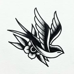 an ink drawing of a bird with wings and flowers on it's back side