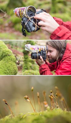 three different shots of the same person taking pictures with their camera, and one is holding a