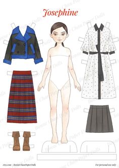 the paper doll is wearing a dress and jacket, with boots on her feet for shoeshinee