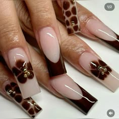 Brown N White Nails, Medium Square Acrylic Nails Brown, Medium Square Nails Fall, Brown Nail Inspo Square, Cool Nail Inspo 2024 Square, Brown Toes Nails, Nails 2024 Square, Brown Square Acrylic Nails, Simple Square Nail Designs