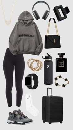 the contents of a woman's outfit including sneakers, headphones and purses