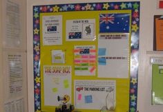 a bulletin board with some pictures on it