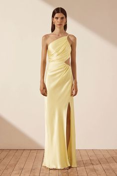 La Lune Asymmetrical Gathered Maxi Dress | Lemon | Dresses | Shona Joy – Shona Joy International Pre-draped Maxi Dress With Side Slits, Spring Gala Pre-draped Maxi Dress, Pre-draped Gala Dress With Side Slits, Pre-draped Dresses With Side Slits For Gala, Spring Gala Asymmetrical Maxi Dress, Yellow Maxi Evening Dress For Prom, Chic Summer Gown With Ruched Bodice, Summer Floor-length Gown With Ruched Bodice, Summer Cocktail Gown, One-shoulder