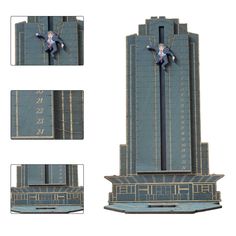 an architectural model of a skyscraper with a man on it's face and hands in the air