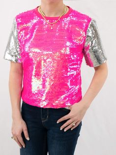 Barbie Fuchsia and Silver Sequin Top Fitted Glitter Blouse For Party Season, Glamorous Stretch Top With Contrast Sequin, Stretch Contrast Sequin Tops For Party Season, Fitted Pink Sequin Fabric For Night Out, Stretch Tops With Contrast Sequin For Night Out, Pink Sequin Fabric For Summer, Pink Fitted Sequin Fabric For Party Season, Pink Sequin Fabric With Contrast Sequin For Summer, Fitted Pink Sequin Fabric For Party Season