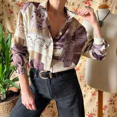 90s vintage bohemian button up long shirt. Plus size. Soft coloured print in purple, burgundy, beige, brown and cream. Side slits. Great comfy piece to wear loose or tucked in your favourite pair of jeans for evenings and casual looks. Material: No composition label. Most probably viscose. Excellent vintage condition. Suitable size (depending on desired fit as it looks great oversized on smaller sizes): Fits best USA14/FR44/2XL/UK16 - USA16/FR46/3XL/UK18  Please refer to one sided laid flat meas Bohemian Button-up Top With Graphic Print, Bohemian Graphic Print Button-up Top, Bohemian Printed Shirt For Fall, Bohemian Printed Fall Shirt, Fall Bohemian Printed Shirt, Purple Long Sleeve Printed Shirt, Bohemian Patterned Button-up Tops, Vintage Long Sleeve Shirt With Abstract Print, Vintage Tops With Abstract Print For Spring