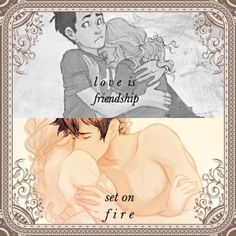 an image of two people hugging each other with the caption love is friendship set on fire