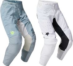 two men's pants, one in white and the other in light blue with black accents