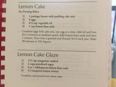 a recipe book with instructions for lemon cake