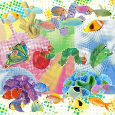 many different colored fish and plants on a white background with polka dot circles in the center