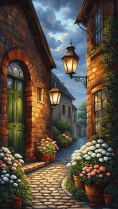 an oil painting of a cobblestone street with flowers in front of a green door