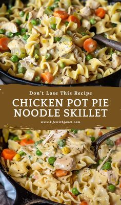 chicken pot pie noodle skillet with text overlay