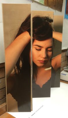 three pictures of a woman with her hair in the wind