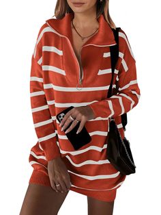 PRICES MAY VARY. Size: S=US (4-6), M=US(8-10), L=US(12-14), XL=US(16-18); This mini sweater dress is flattering on any body types Fabric: Soft and stretchy; thick knitted fabric; super flattering and cute; this striped sweater dress hits you in all the right places and hides your tummy perfectly Features: Striped pattern, zip-front neckline, ribbed hems, dropped shoulders, relaxed fit; The zipper works well and the staple striping adds a classic and coastal touch to this fall sweater dress Style Orange Sweater Dress, Fall Sweater Dress, Sweater Dress Oversized, Sweater Dress Outfit, Winter Shorts, Knitted Long Sleeve, Mini Sweater, Striped Sweater Dress, Fall Sweater