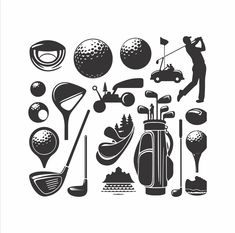 the silhouettes of different golf related items are shown in black and white, including balls, clubs, tees, driver's wheel, driving