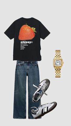 a black shirt, jeans and sneakers with a watch