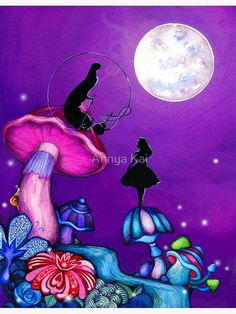 a painting of two people standing on top of a mushroom with the moon in the background