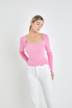 The sweater that you never want to take off. Our Scallop Hem Long Sleeve Sweater is your new go-to piece. Crafted from a soft and lightweight fabric, this sweater will keep you warm and cozy all day long. Pair it with jeans or trousers for a casual look, or wear it under a blazer for a more sophisticated vibe. Square neckline Scallop hem Fitted body Long sleeves Hand wash cold Do not bleach Do not tumble dry Iron low Shell: 43% Viscose 34% Nylon 23% Polyester UK927T S Height 5'8"(173cm) / Bust 3 Sweater Square, Summer Style Guide, Look Formal, Casual Party Dresses, Maxi Dress Sale, Scallop Hem, Fashion Night, Pink Maxi Dress, Pink Outfits