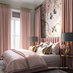 a bedroom with pink bedding, curtains and two lamps on either side of the bed