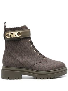 Parkler monogram ankle boots from MICHAEL MICHAEL KORS featuring olive brown, calf leather, monogram pattern, all-over logo print, gold-tone logo plaque, round toe, front touch-strap over lace-up fastening, pull-tab at the heel and ridged rubber sole. Brown Ankle Boots, Boot Shoes Women, Hiking Boots, Calf Leather, Ankle Boot, Ankle Boots, Michael Kors, Shoe Boots, Lace Up