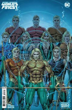 the cover to aqua man's finest comic book, featuring four men in green and blue