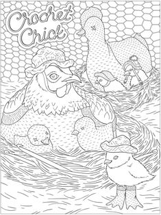 an adult coloring book with chickens and other animals in the water, one is looking at another