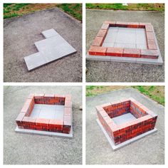 four different views of a fire pit made out of cinder blocks and bricks, including the top