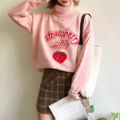 Sweet Turtleneck Pastel Pink Strawberry Milk Knitted Sweater for Women Women Turtleneck, Harajuku Women, Sassy Outfit, Fairytale Fashion, Knitting Blogs, Pink Strawberry, Zooey Deschanel, Strawberry Milk, Knit Picks