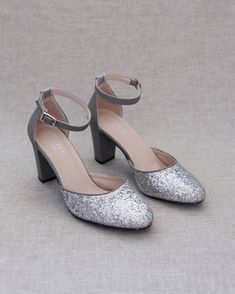 Silver Rock Glitter Block Heel with Ankle Strap Silver Sparkly Heels Short, Sparkling Silver Round Toe Heels, Silver Heels Wedding, Silver Glitter Closed Toe Heels, Silver Ankle Strap Wedding Shoes With 4-inch Heel, Prom Shoes Sparkly, Silver Heels With 4-inch Heel And Round Toe, Silver Heels Prom, Black And Silver Heels