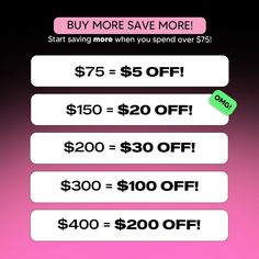 a pink background with black and white text that says, buy more save more