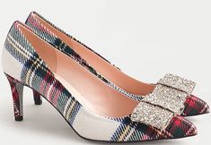 J. Crew Colette Pumps in Snowy Stewart Tartan with glitter bow detail Size 7.5. Condition is New with box. Shipped with USPS Priority Mail. Red Lace Skirt, Tartan Shoes, Black Watch Tartan, Stewart Tartan, Bow Pumps, Bow Heels, Crew Clothing, Glitter Bow, Holiday Fashion