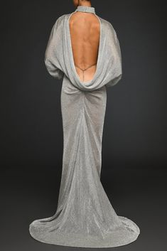 Description Silver Column, Long dress Puffed, Long sleeves Closed neckline Dry Clean Made in Lebanon SKU 600-3-4 Jean Louis Sabaji, Cutout Gown, Bat Sleeves, Dress With Open Back, Red Carpet Ready, Mesh Maxi Dress, Bat Sleeve, Grey Dress, Silver Dress