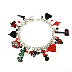 The perfect gift for any fan. This beautiful handmade bracelet Will fit up to a 9.5” wrist and as small as you need to fit since it closes with a lobster clasp. Do not get the bracelet wet or use hand sanitizer near the bracelet as that will strip the metal. Charms and chain are made of alloy metal, no nickel. Comes in a gift box. All sales final, no returns. We ship daily from Illinois. Metal Charms, Handmade Bracelet, Bracelets And Charms, Harley Quinn, Hand Sanitizer, Handmade Bracelets, Fashion Watches, Lobster Clasp, Illinois