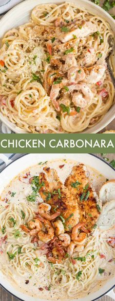 chicken and pasta dish in a pan with text overlay that reads chicken carbonara