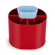 a red cup holder with two cups in it