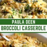 broccoli casserole in a white dish with a green sign above it