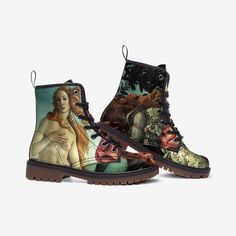 The Birth of Venus sandro Botticelli Unisex Boots | Etsy Over Print Design, Birth Of Venus, Lace Painting, Sandro Botticelli, Lightweight Boots, Vegan Leather Boots, Vegan Boots, Lace Up Combat Boots, Boot Print